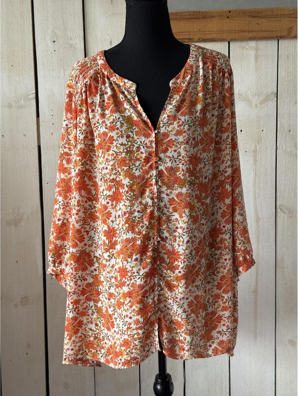 Bohemian Floral Print Blouse with Smocked Back